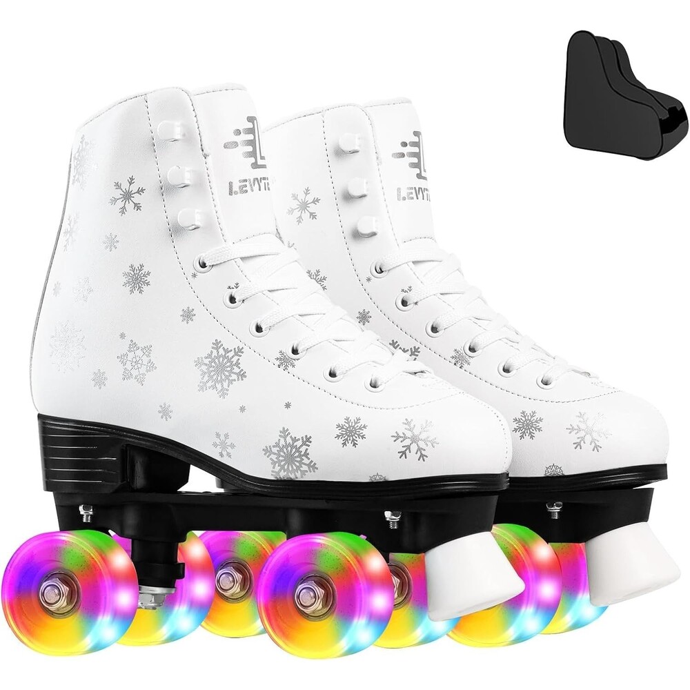 LEVYTEMP Roller Skates 38 Women's 7 Men's 5.5 White Light Up Wheels Quad Skates